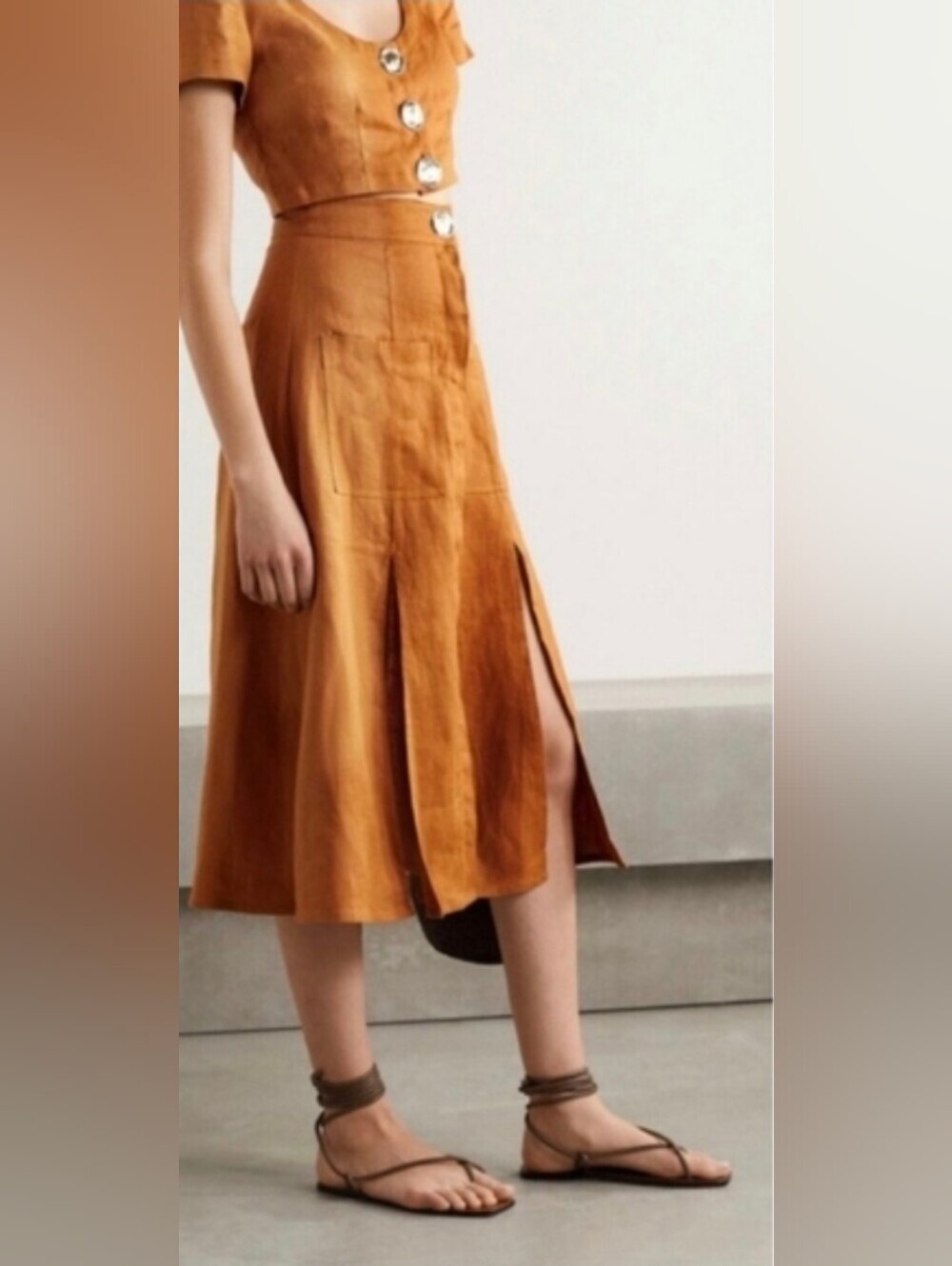 NICHOLAS Masala Linen Midi Skirt Size 8 Tan Button Front Bohemian Quiet Luxury